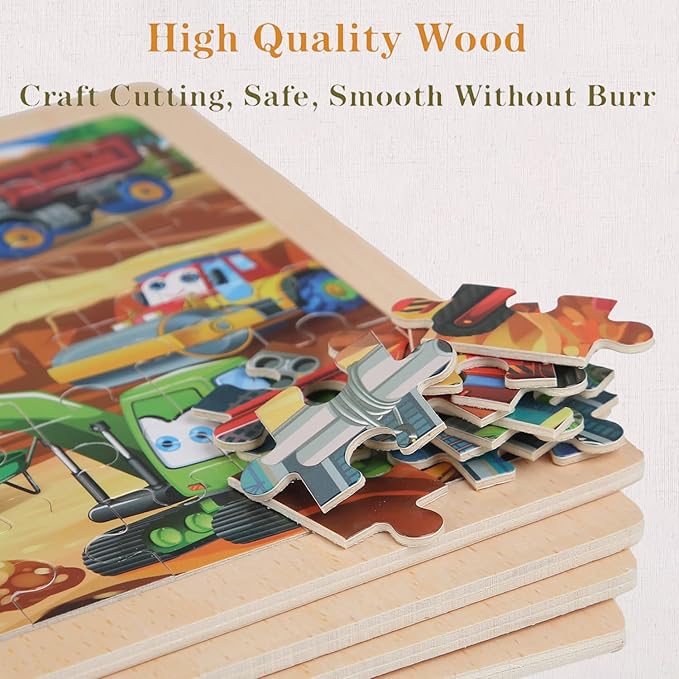 Wooden Puzzles Vehicle Toys for Kids Ages 3-5, Set of 4 Packs with 60-Piece Wood Jigsaw Puzzles, Preschool Educational Brain Teaser Boards for Boys an