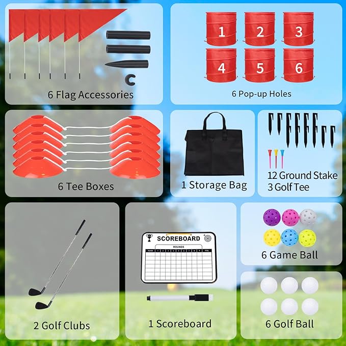 6 Holes-Outdoor Backyard Golf Game Set,Outdoor Yard Golf Chipping Game with 2 Clubs,Ball and Flag,Fun for All Crowd, Perfect for Beach,Park,Lawn and Camping