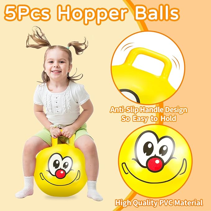 Hymaz 5 Pcs Hopper Ball Carnival Outdoors Jumping Hopping 18 Inch Bouncing Ball with Handle and Air Pump for Kids Sports School Ride Games Balance Exercise Fun