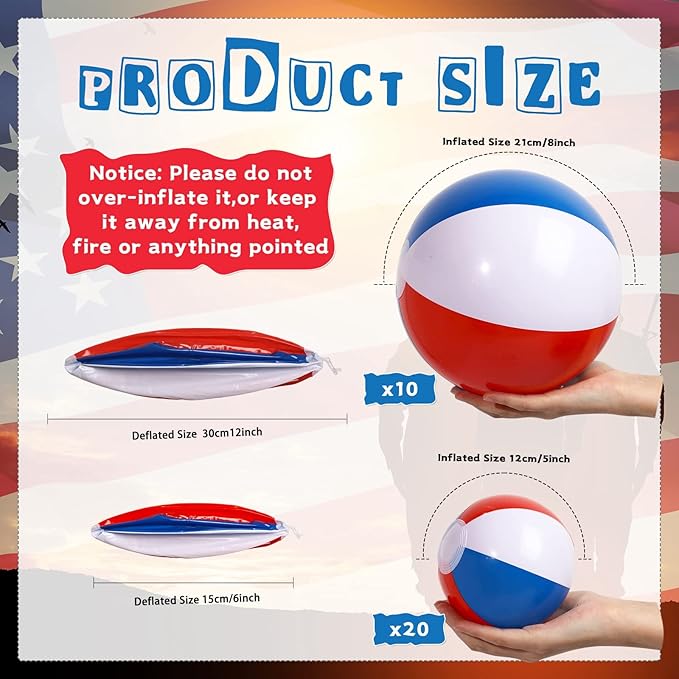 Zhanmai Patriotic Beach Ball Red White and Blue Inflatable Beach Balls 4th of July Party Favors 4-5 Inch 8-12 inch for Independence Day Party Favors for Kids Hawaiian,Summer Pool