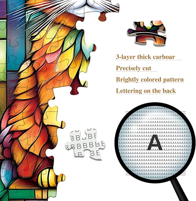 1000 Piece Adult Puzzle, Stained Glass Cat with Sunglasses, Jigsaw Puzzles with Letters on Back Impossible Challenging Puzzle, Family Puzzle Decoration Challenging Puzzles (27.56x19.7 Inch)