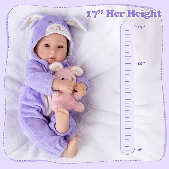 Aori Real Baby Dolls - 17 Inch Realistic Baby Doll with Soft Body & Purple Bunny Outfits for Girls 3+ Pretend Play, Dress Up, Nursery Decor