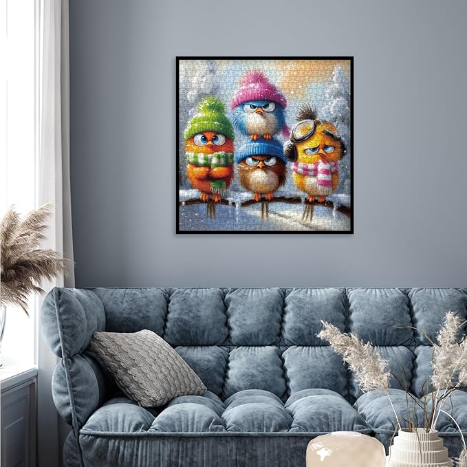 Funny Bird Winter Puzzles for Adults 1000 Pieces, Colorful Animal Snow Jigsaw Puzzle, Challenging Cute Art Puzzles