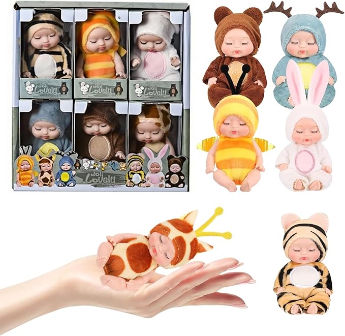 SwankyStyle 6 Pcs Mini Baby Dolls 4 Inch Gift Set, Cute Small Baby Doll Toys with Animal Clothes for Christmas Stockings, or Dollhouse Collections. (Style D)