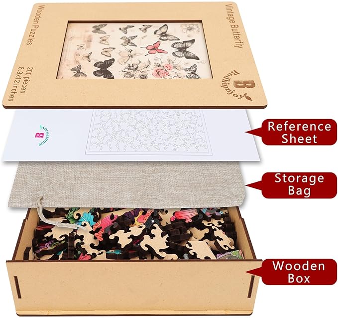 Bodhipnjoy Wooden Butterfly Puzzles for Adults, Vintage Butterfly Flower Jigsaw Puzzle 200 Pieces, Unique Shaped Plants Puzzles for Kids, Puzzles Family Game Gift 8.9 * 12 in