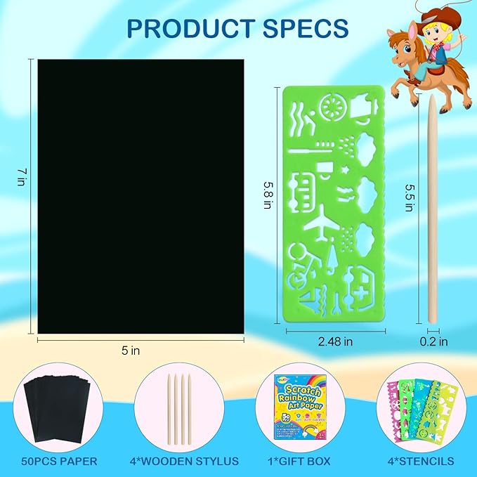 RMJOY Rainbow Scratch Paper Art for Kids: 50PCS Magic Arts Crafts Gifts Toys for Girls Boys Ages 3-12 Games Activities for Birthday Party Family Day Classroom Prizes Easter Basket Stuffers(Boys)