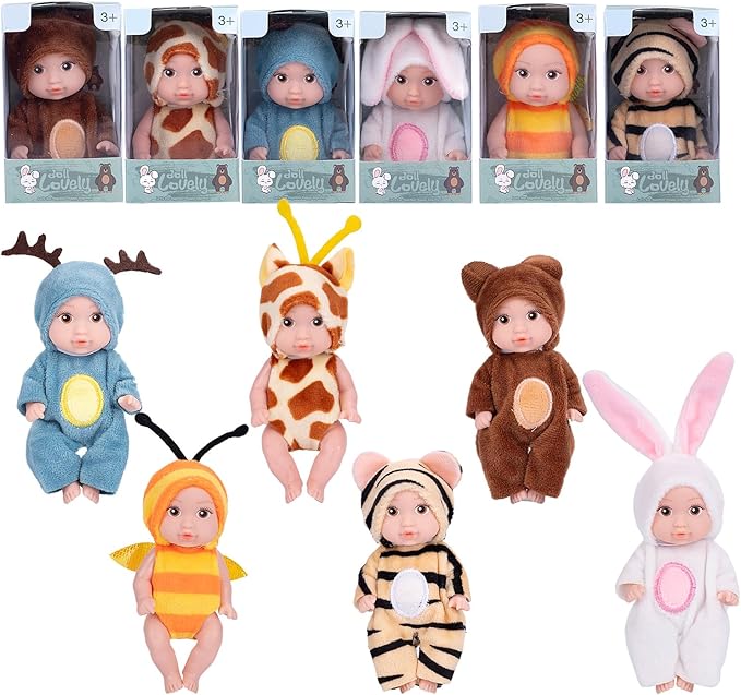 Vueos 6PCS 4inch Mini Dolls Set - Baby Doll with 6 Animal Outfits & Accessories, Reborn Baby Dolls for Kids Role Play, Perfect Birthday for Children Ages 3+