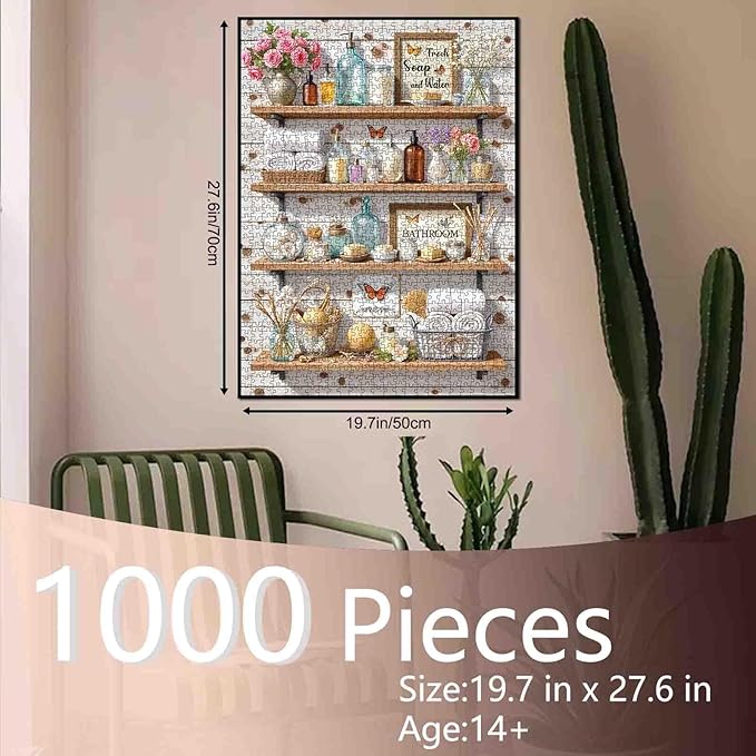 Bathroom Theme Puzzles 1000 Pieces for Adults, Retro Laundry Room Decoration Jigsaw Puzzles for Challenging Family Activity Games DIY Puzzle for Home Wall Decor Gifts - 19.7 x 27.6 Inches
