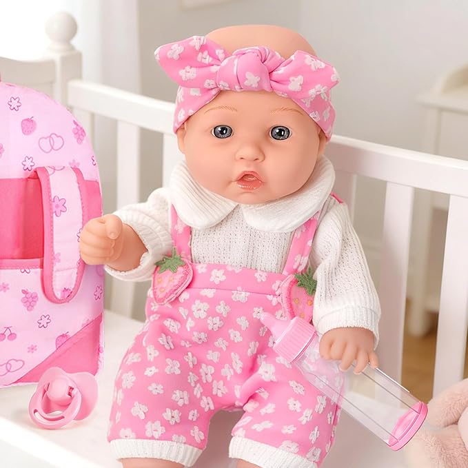 DONTNO 12" Baby Doll with Backpack Carrier in Gift Box,12 Inch Realistic Baby Dolls with Clothes and Accessories,Toy Pretend Play Collection for 3+ Child Girls Gifts