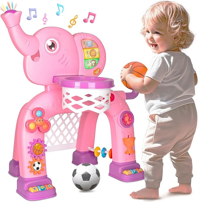 Toddler Basketball Hoop & Soccer Goal, Toys for 1 2 3 Year Old Boys Girls, Kids Sports Toy with Light Sound Music, Montessori Toys for Baby 12-18 Months, Christmas Birthday Gifts for Ages 1-3(Pink）