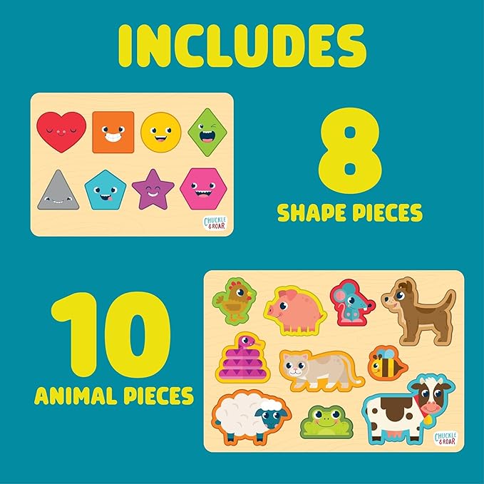 Chuckle & Roar - Jigsaw Wooden Puzzles Shapes and Animals 2 Pack - Preschool Puzzle for Toddlers Ages 3 Plus - Educational Puzzle Set for Fine Motor Skills and Screen Free Learning