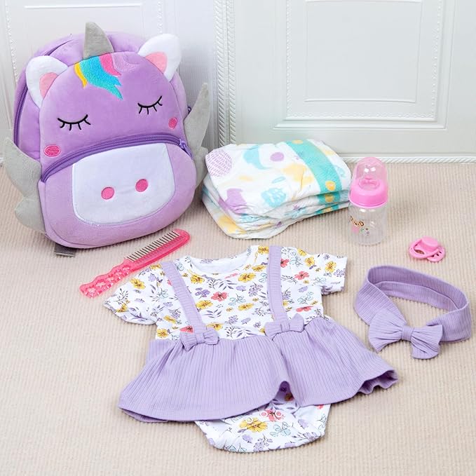 10Pcs Reborn Baby Doll Accessories Set, Purple Reborn Dolls Baby Clothes 17-22 Inch Girl Doll Outfit Floral Dress with Backpack & Feeding Babydoll Accessories
