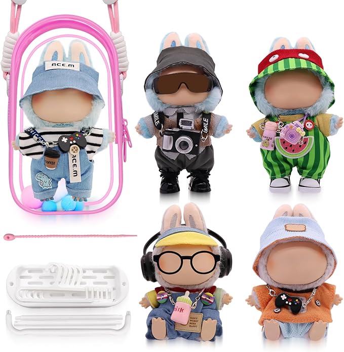 Clothes for Labubu, 23-piece Clothes and Accessories Set Designed for Labubu Doll Clothes, Includes Display Bag, Clothes Rack, Headphones, Camera, Glasses, Shoes, and 6 Mini Accessories - Style F