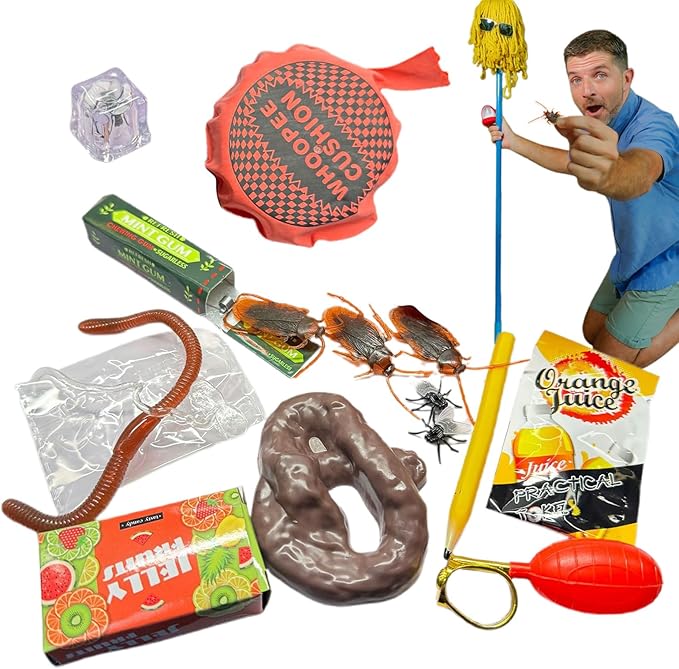 Gag Prank Kit, Funny Joke Toys, 12 Piece Portable Set, Assorted Novelty Practical Joke Gadgets, Party Favors Entertainment Pack, Humor Toy Collection for Kids Friends Adults Home