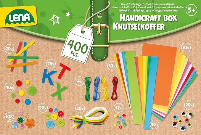 Lena Craft Case with 400 Pieces, Craft Set Consisting of Paper, Foam Rubber, Pipe Cleaner, Rhinestones, Wiggly Eyes, Pompoms and Buttons, in Bright Colours, Suitable for Children from 5 Years