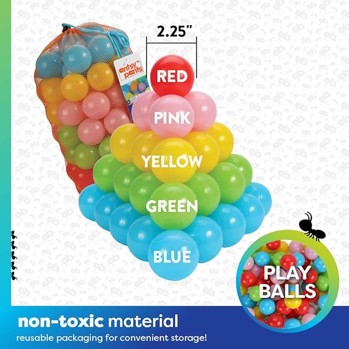 Antsy Pants 200 Ball Pit Balls, Ball Pit for Toddlers 1-3, Non-Toxic Materials, Lightweight, 5 Colors, Reusable Storage Bag, Plastic Balls for Ball Pit, Sensory Toys for Kids