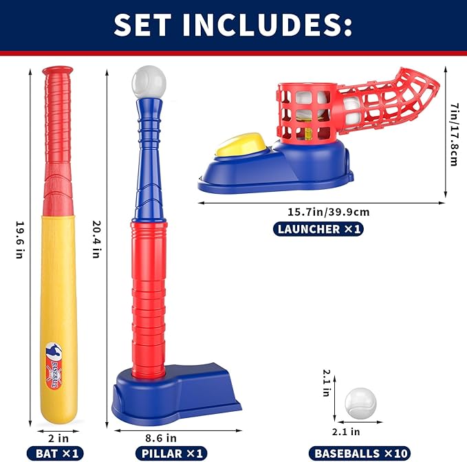 Bennol T Ball Set Toys for Kids 3-5 5-8, Kids Baseball Tee for Boys Toddlers, Auto Ball Launcher, Indoor Outdoor Outside Sports Tee Ball Set Toys Gifts for 3 4 5 6 Year Old Boys Toddler Kids