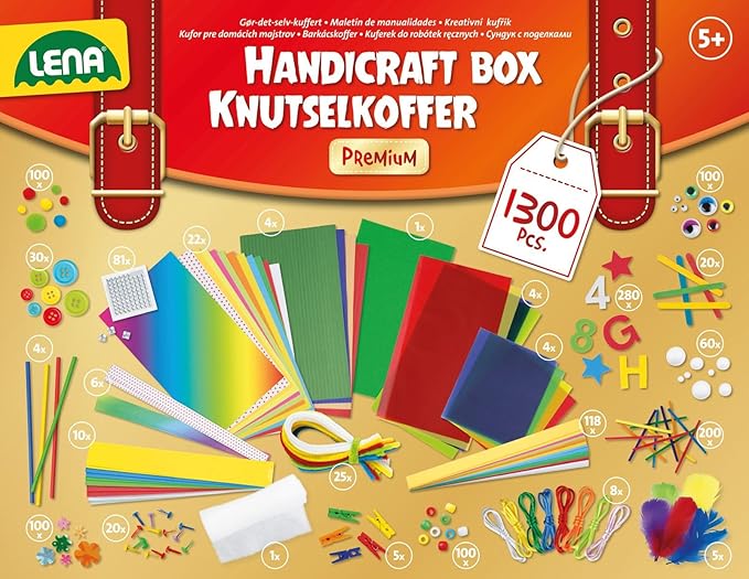 Lena 42663 Premium XXL Craft Case with 1300 Pieces, Material for Crafts, with Foam Rubber, Coloured Paper, Beads, Flowers, Pompom, Ribbons, Buttons, Googly Eyes and Much More, for Children from 5