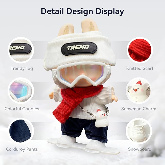 Ski Style for LABUBU Clothes or LABUBU Outfits, Set with Trend Beanie, Red Scarf, Goggles, Snowman Charm & Mini Snowboard – Cute Collectible Dolls Outfits