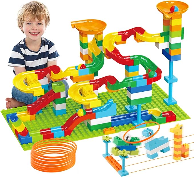 Marble Run Building Blocks for Kids Age 3-8, 128 Pcs STEM Building Bricks Set with Toss Ring Game, Educational Learning Toys for Toddlers Boys Girls Gifts- Compatible with All Major Brands