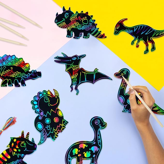 60PCS 12Style Magic Color Scratch DIY Dinosaur Paper Scratch Craft Kits Rainbow Scratch Paper Art Sets with Scratching Tools Ribbon for Party Favors Activities