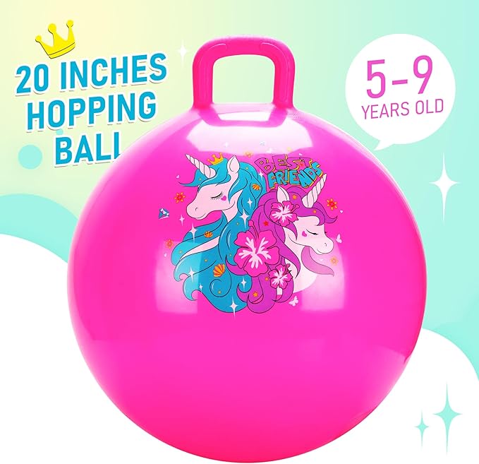 U&C Planet Hopper Ball 20 inches Bouncy Ball with Handle for Kids Age 5 6 7 8 9, Sit on Bounce Jumping Hopping Toy with Pump, Great Toddler Girls Toys for Birthday Gifts, Pink Unicorn