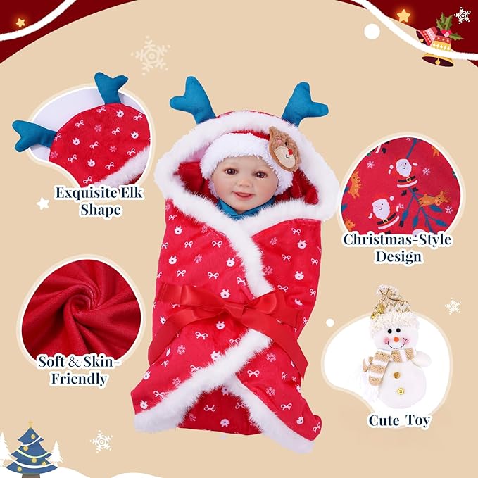 BABESIDE 8 Pcs Christmas Reborn Baby Doll Clothes Set with Bassinet for 17–22 Inch Babydolls, Dolls Santa Outfit with Doll Blanket and Baby Dolls Accessories, Ideal Gift for Kids 3+