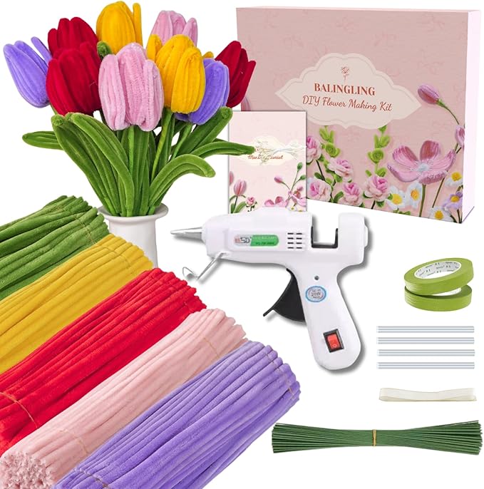 balinging 400pcs Pipe Cleaners Craft for Flowers with Glue Gun,Chenille Stems for DIY Flower Making Kit,Pipe Cleaners Projects Creative for DIY Art and Craft,Ideal for Holiday Decoration(Tulip)