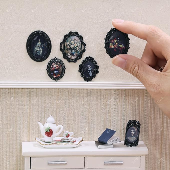 iLAND 1/12 Scale Accessories of Tiny Frames 7pcs with 14 Miniature Pictures Set for Dollhouse Miniatures Décor Also Elf Accessories Classic & Exquisite (Black Tiny Frame Art)
