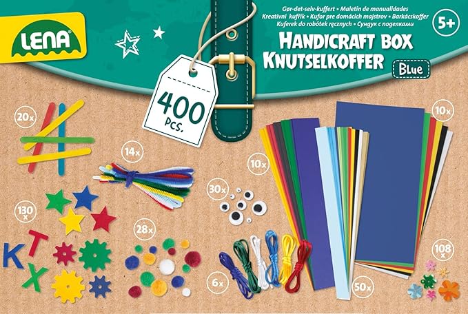 Lena 42715 Craft Case Parts, Material for Crafts with Colourful Paper, Foam Rubber, Pipe Cleaners, Wiggle Eyes, Pompoms, Ice Sticks and More, for Children from 5 Years, 400 Blue & Green