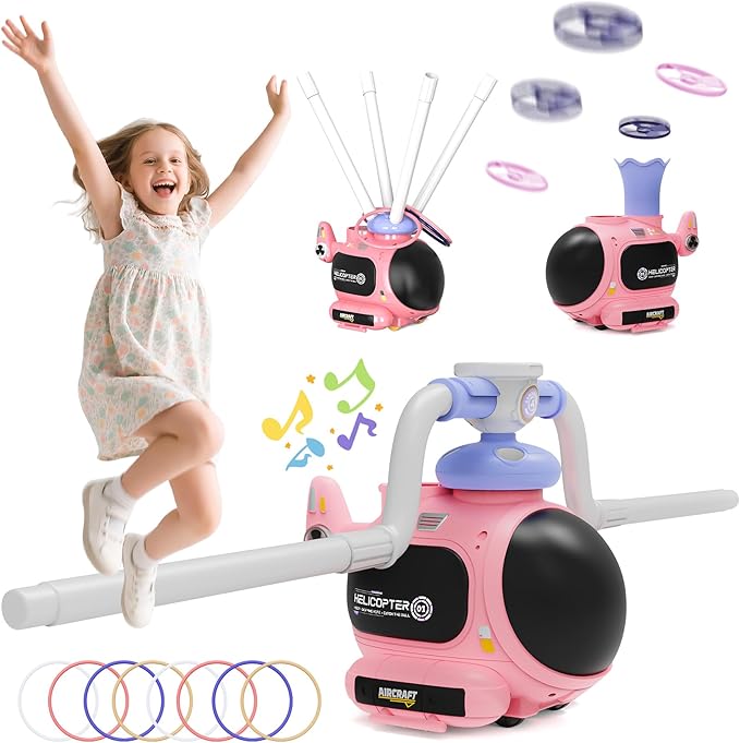 4-in-1 Music Jumping Toy Car,Dual Rotating Poles for Jumping & Dodging,Auto Flying Disc Launcher with Catching Net,Spinning Pole for Ring Toss,Kids outdoor toys,Games for Kids Boys and Girls (Pink)