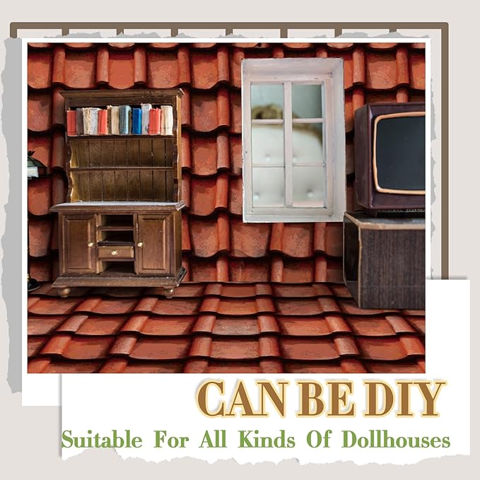 Flutesan 12 Pcs Miniature Dollhouse Wallpaper and Flooring Peel and Stick Mini DIY Self Adhesive Dollhouse Accessories 8.27 x 11.69 Inch (Roof Tiles Clay)