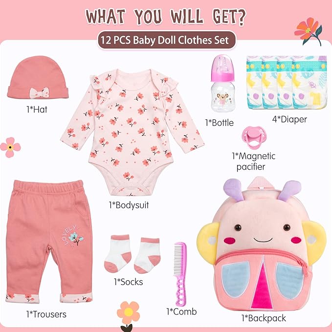 Reborn Baby Dolls Clothes Girl Outfit Accessories Pink Flower 12 Pcs for 17-22 Inches Reborn Dolls Newborn Girl with Butterfly Backpack