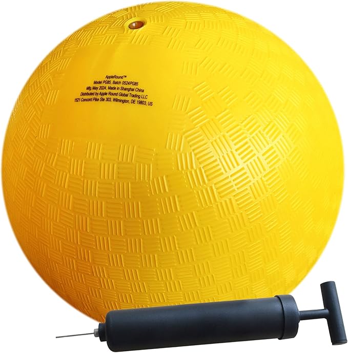 AppleRound 8.5 Inch Playground Ball with Air Pump, Pack of 1 Ball with 1 Pump, Official Size for Dodge Ball, Handball, Camps and Schools (Yellow)