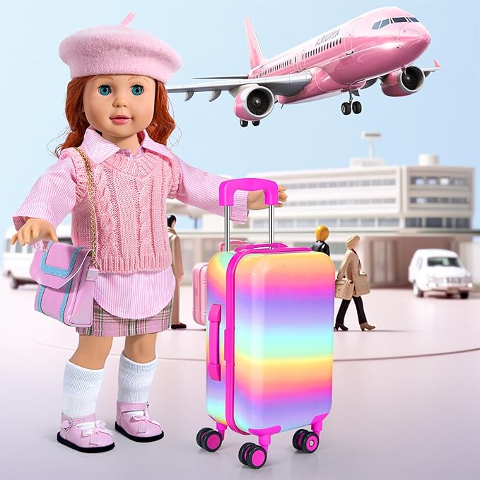 WONDOLL American 18-inch-Doll-Clothes and Accessories Girl-Travel-Suitcase Luggage,Clothes and Shoes, Bag, Sunglasses, Camera, Passport, Notebook, Phone, pad Travel Gear Play Set Fit(No Doll)
