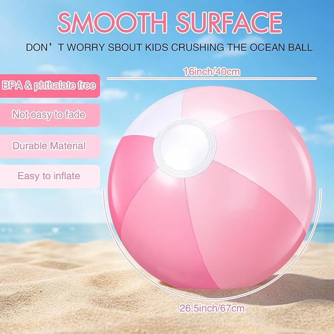 Realspring 12 Pcs Pastel Inflatable Beach Balls Kids Bulk Pink Stripe Jumbo Big Beach Balls Pool Floating Toys for Adults Water Games Baby Shower Birthday Summer Swimming Party Decor(26.5 Inch)