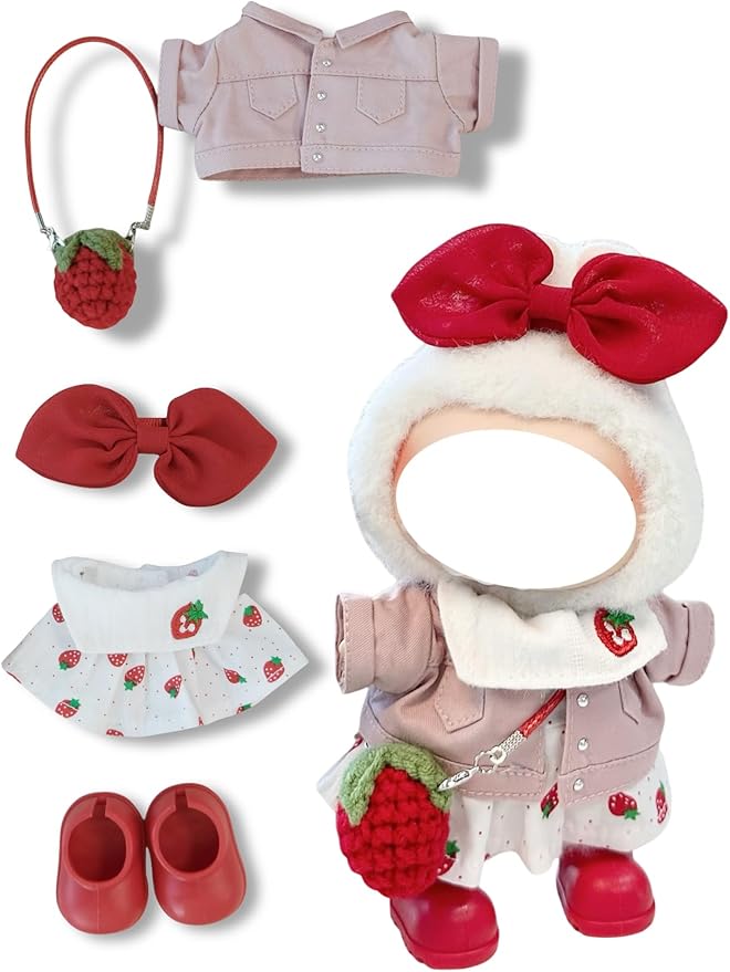 Clothes for 17cm Doll, 5 pcs Set Doll's Outfits Luxury Dress Shirt Pants Headset Shoes Accessories Fashion Stylish Adorable Dolls Clothes (No Doll) (Strawberry Red)
