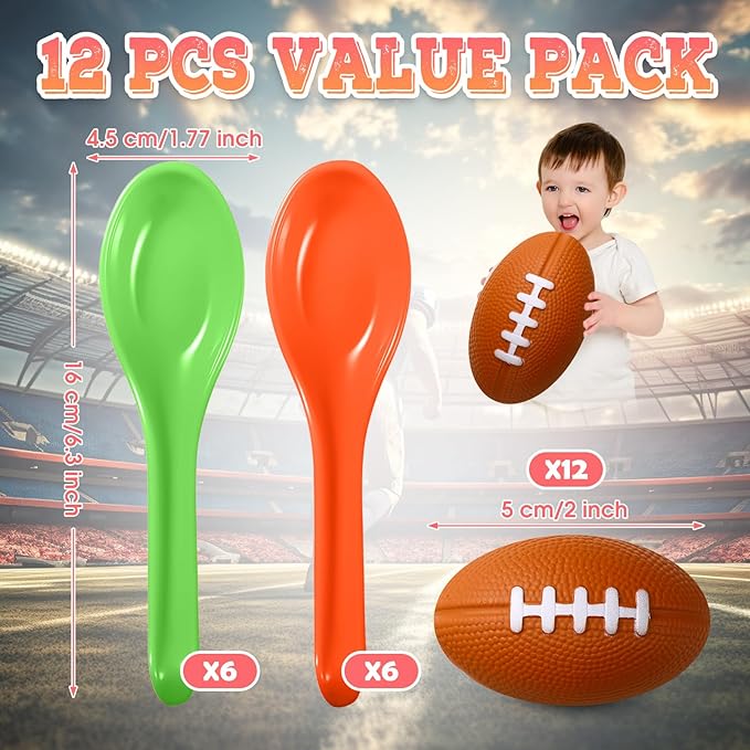 12 Pack Football Spoon Race Game Set Mini Foam Sports Ball Indoor Outdoor Sports Activity Stress Relief Balls School Carnival Prize Toys for Girls Boys Adults Birthday Party Game