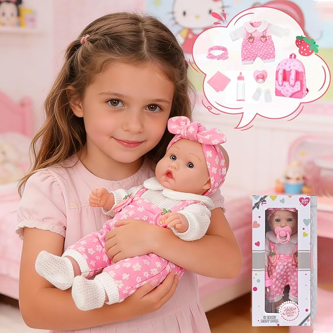 DONTNO 12" Baby Doll with Backpack Carrier in Gift Box,12 Inch Realistic Baby Dolls with Clothes and Accessories,Toy Pretend Play Collection for 3+ Child Girls Gifts