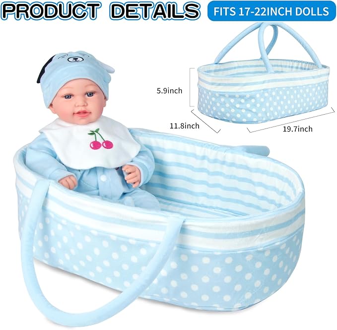 PEDOLLTREE Reborn Baby Dolls Clothes Boy Outfit Accessories Blue Puppy 9 Pcs Set for 17-20 Inch Reborn Doll Newborn Boy with Blue Dot Bassinet