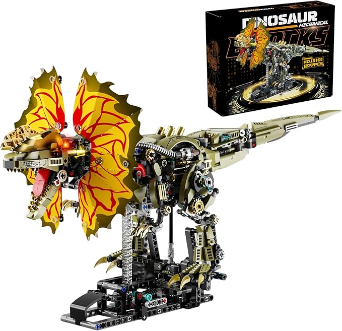1277 Pcs Mechanical Dilophosaurus Building Blocks Set Steampunk Dinosaur Model with LED Eyes and Manual Linkage Robot STEM Display Gift for Adults& Teens