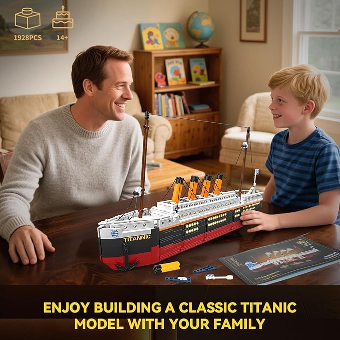 2 in 1 Titanic Building Set, Titanic Big Ship Model Building Kit with Lights Bricks and Glacier, Compatible with Lego for Adults Men, 1928 Pieces STEM Construction Toy for Teens 14+