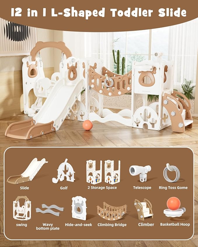 XJD 12-in-1 Toddler Slide and Swing Set, Kids Slide for Toddlers Age 1+, Toddler Outdoor Playset New Upgrade with Golf Set, Basketball Hoop, Drawing Board for Playground (Brown)