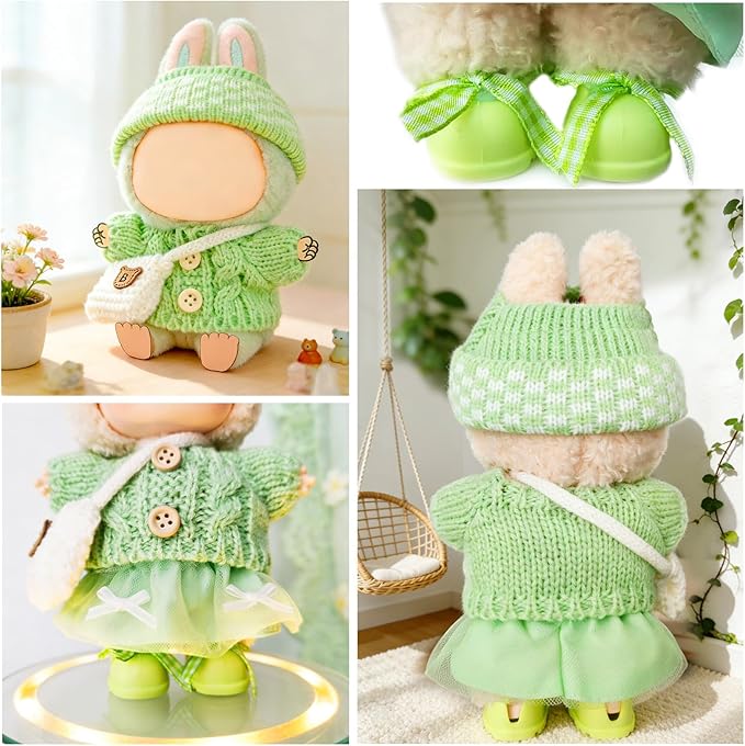 17cm Doll Clothes for Lububu,Outfits Set with Hand-Crocheted Green Sweater, Hat, Skirt, Shoes and Bag, Designer Clothing and Accessories for Macarons Series Dolls Dress-Up(Green Sweater Skirt)