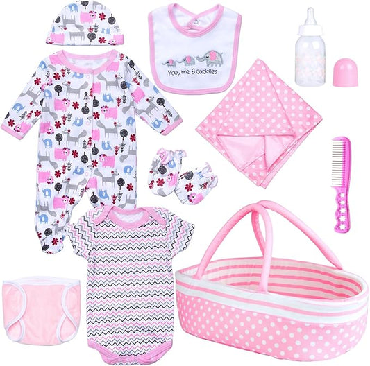 10Pcs Reborn Baby Doll Clothes with Bassinet Blanket Diaper fit 17-22 inch Reborn Dolls Cute Pink Baby Doll Clothes and Accessories Set Newest Design Christmas Gift