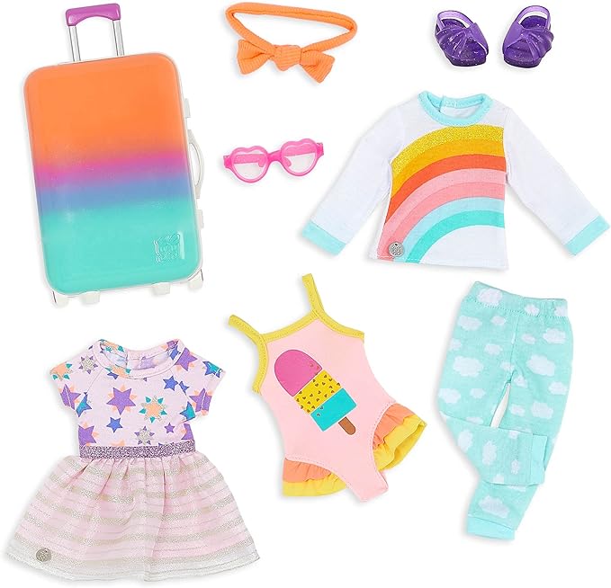 Glitter Girls – 14-Inch Doll Clothes & Accessories– Suitcase & Fashion Set – Luggage with 3 Mix & Match Outfits & Heart Glasses – Rainbow Pajama, Swimsuit, Star – Print Dress – 3+ Years