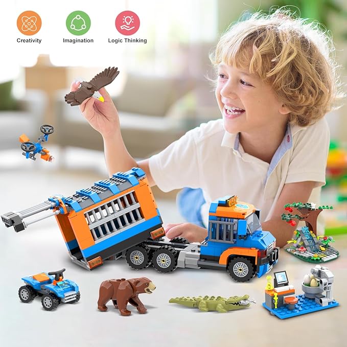 City Jungle Adventurer Helicopter Building Toys - 1356PCS Forest Truck Adventure Building Set with Car Crocodile Brown Bear Wildlife Rescue Blocks Playset Easter Gift for Kids Boys 6+
