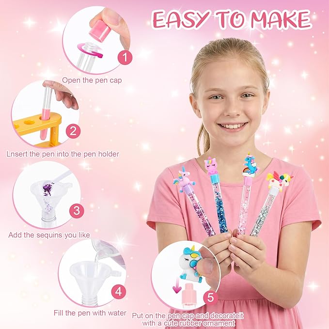 Bafeil Unicorn DIY Pen Making Kit, 15 Make Your Own Glitter Pens Creator Studio with Sequins Beads, Creative Arts & Crafts Marker Set, Personalized Colouring Pens Birthday Back School Gift