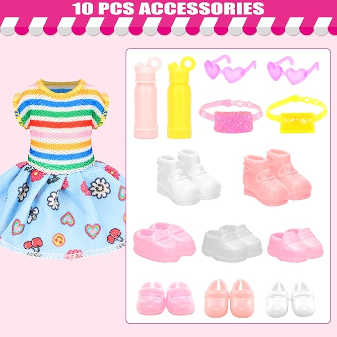 22 Pcs Mini 5 inch Doll Clothes and Accessories Including 4 Sets Fashion Dresses 4 Casual Tops and Pants Outifits 4 Swimsuits with 4 Shoes 2 Glasses 2 Shoulder Bag for 5-5.3 Inch Dolls