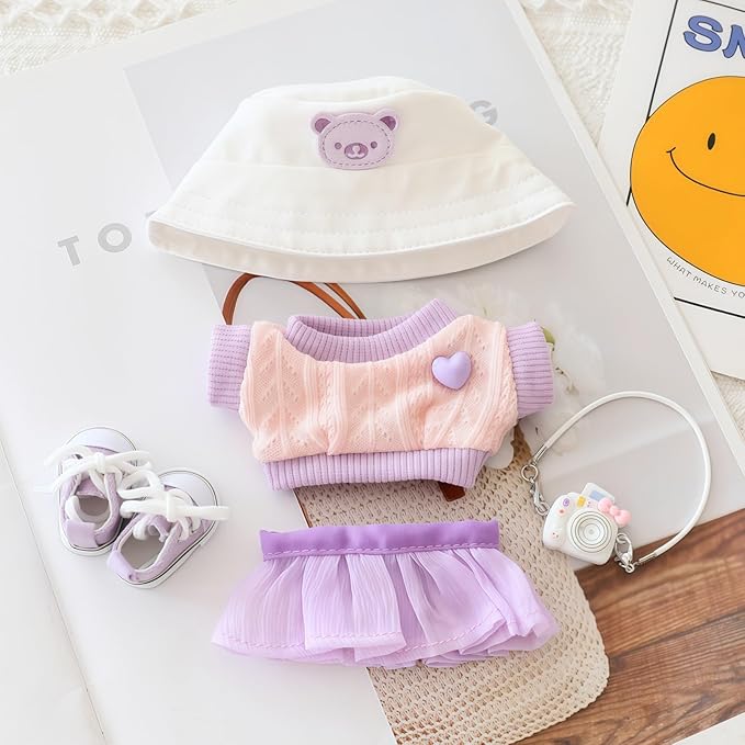 Clothes for Lu bubu 17cm Dolls(No Doll) Accessories, Stylish Kawaii Purple Outfit Set 5 Pieces Suitable for 17cm Dolls , Doll Hat Shoes Clothing Set Replacement
